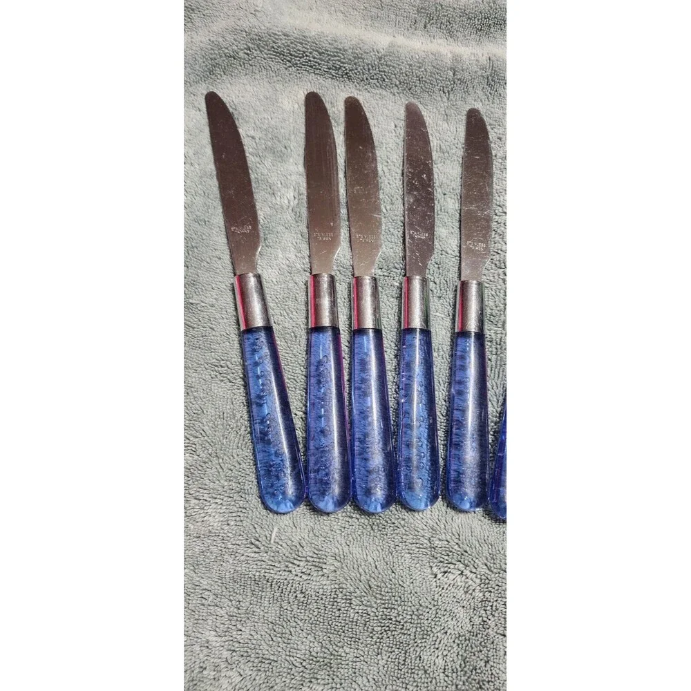 Vtg Flatware Stainless Steel Silverware 10 Settings Blue Lucite Plastic